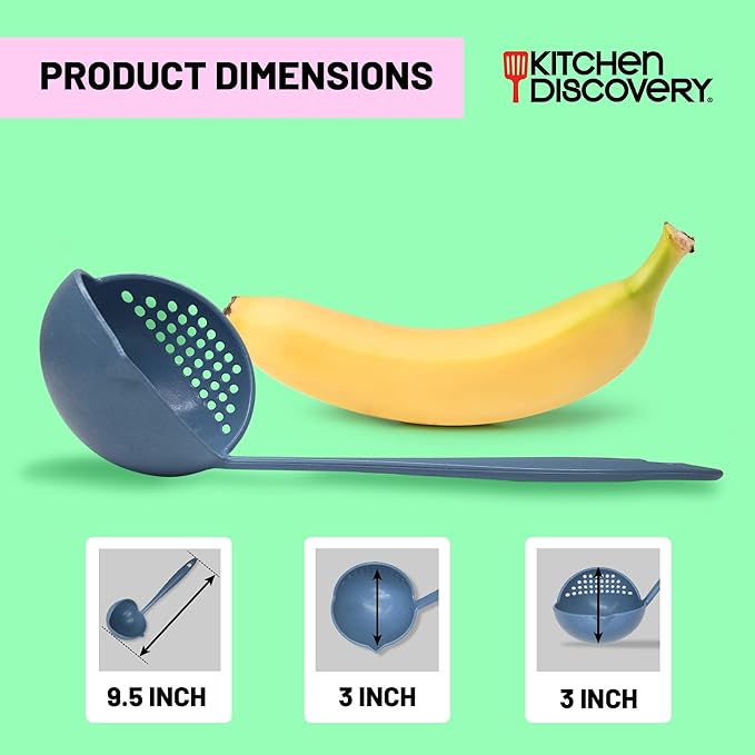 Strainer Ladle – Kitchen Discovery – 2 in 1 Soup Strainer Separates Liquids from Solids - All Plastic Soup Ladle for Easy Serving of Soup, Stew, Gravy, Party Punch