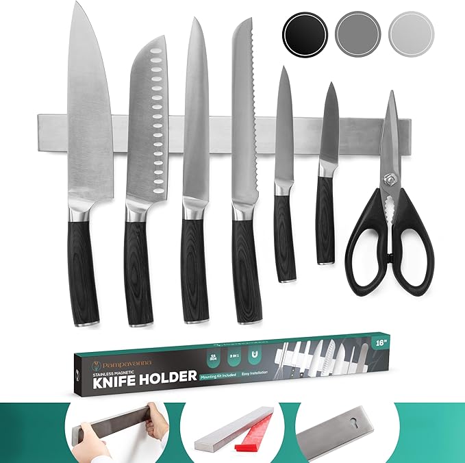 Magnetic Knife Holder 16 Inch Silver – Classic Stainless Steel Strip, Rack & Bar for Wall or Fridge, No Drill Adhesive Kitchen Organizer, Premium Gift by Pampavanna