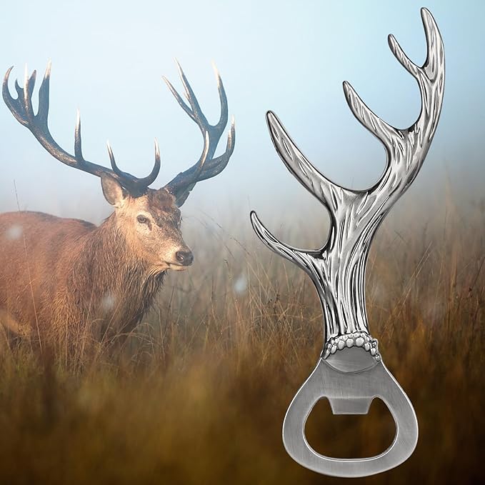 LKKCHER Deer Reindeer Antlers Beer Bottle Opener, Father's Day & Christmas Gifts for Men, Women & Hunters, Dark Silver