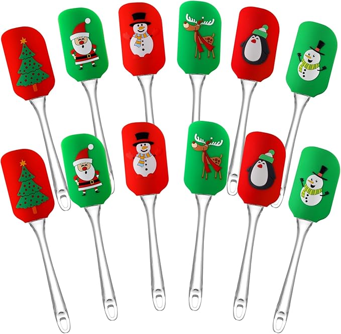 Layhit 12 Pcs Christmas Silicone Spatula Xmas Decorating Pattern Spatula with Plastic Handle Christmas Kitchen Utensils Holiday Cute Pan Scraper for Cake Cooking Baking Cookie Mixing Stir Butter Cream