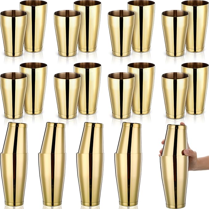 Zhehao 24 Pcs Gold Cocktail Shaker Professional Bar Boston Shaker Set Stainless Steel Martini Shake Drink Mixer Basic Tool Weighted Shake Metal Can Bartending Tins for Beginner, 18oz, 28oz