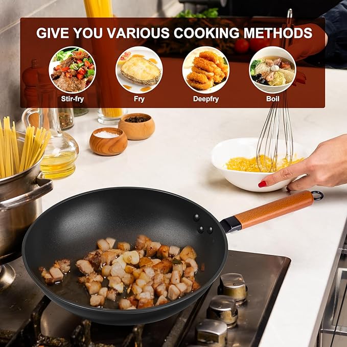 Carbon Steel Wok Pan - 13" Woks & Stir-Fry Pans Nonstick with Spatula: Flat Bottom Wok for Electric, Induction and Gas Stoves