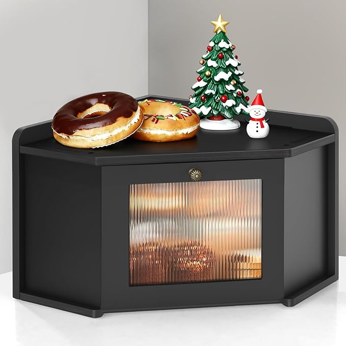 Corner Bread Box for Kitchen Countertop, Wooden Bread Storage for Homemade Bread, Rustic Breadbox with Acrylic Wavy Door, Bread Container for Kitchen Counter Cabinet, Pantry, Cupboard