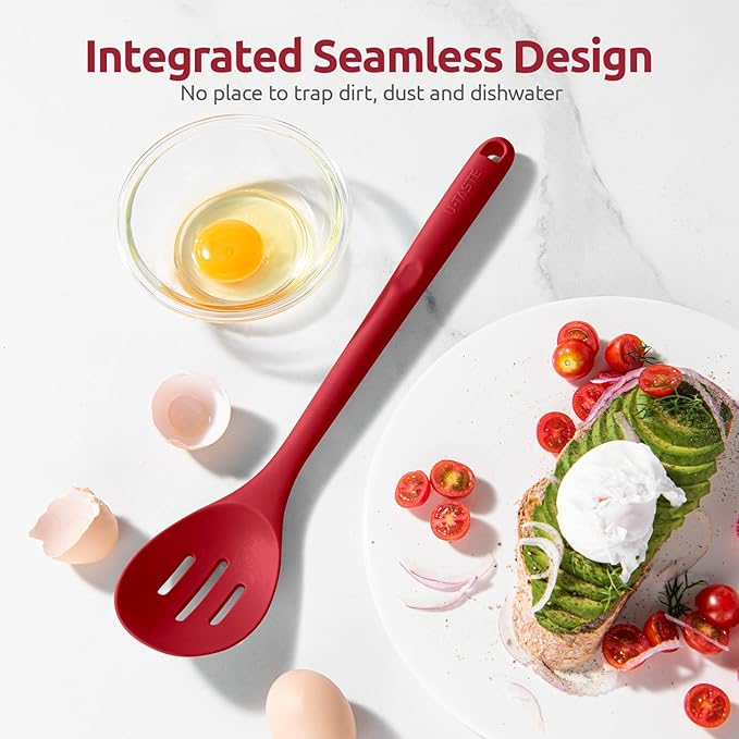600ºF Heat Resistant Slotted Spoon: U-Taste 13.3in Solid Kitchen Cooking Spoon, Nonstick Food Grade Large & Long Rubber Utensil for Mixing, Serving, Stirring, Basting, Frying, Draining (Red)