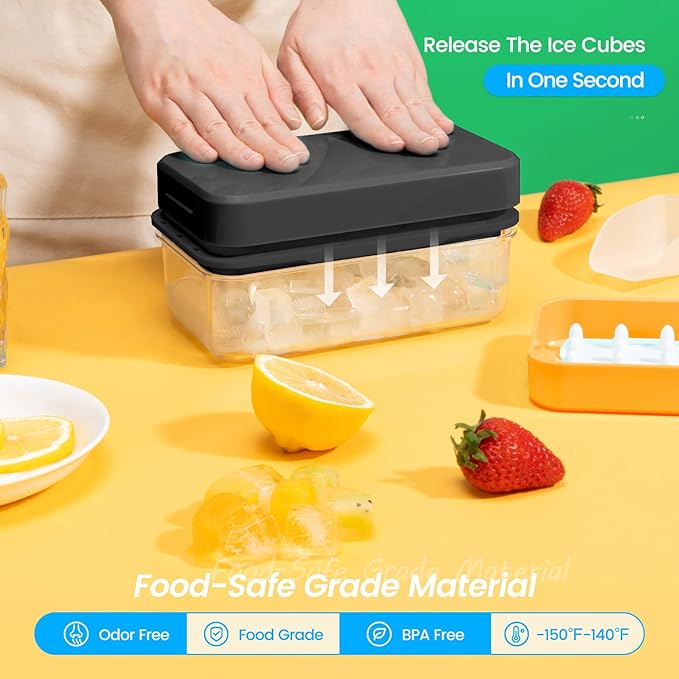 Ice Cube Tray with Lid and Bin, 28 pcs Ice Cubes Molds, Ice Trays for Freezer, Ice Cube Tray Mold, with 1 tray, Ice Freezer Container, Spill-Resistant Removable Lid & Ice Scoop, for Whiskey,Cocktail