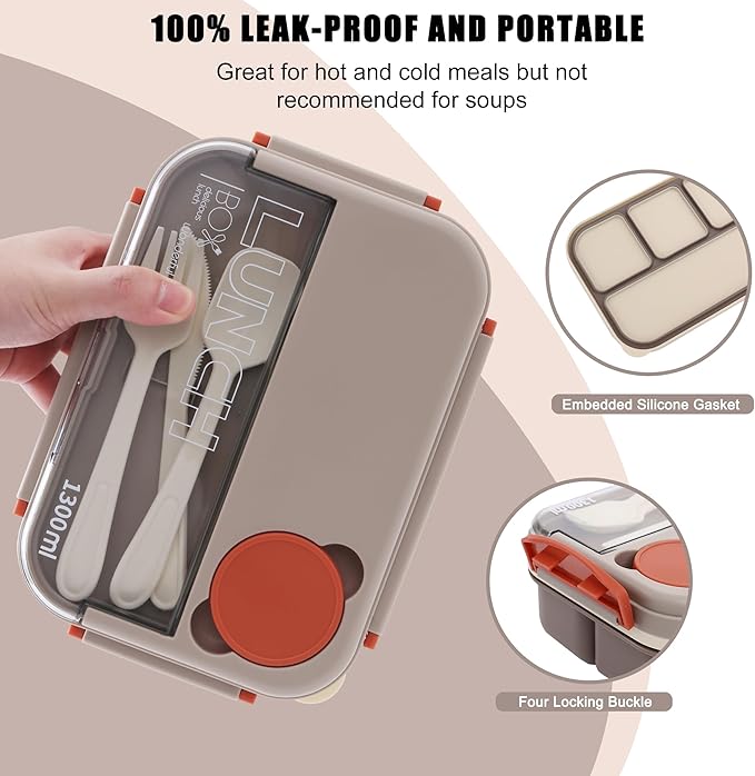 Bento box adult work lunch box, adult container, with 4 compartments, lunch container with cutlery (knife, fork, spoon, sauce box), animal fruit fork, microwave and dishwasher safe, Bee gray