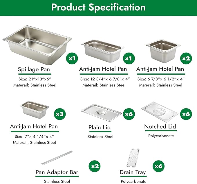 HECMAC Ice Chilled Condiment Serving Container (6 Pan), 2 Types of Lids, Drain Tray, 23 Gauge Anti-Jam Food Pan Commercial Heavy Duty Spice Rack Set, for Kitchen Buffet Catering
