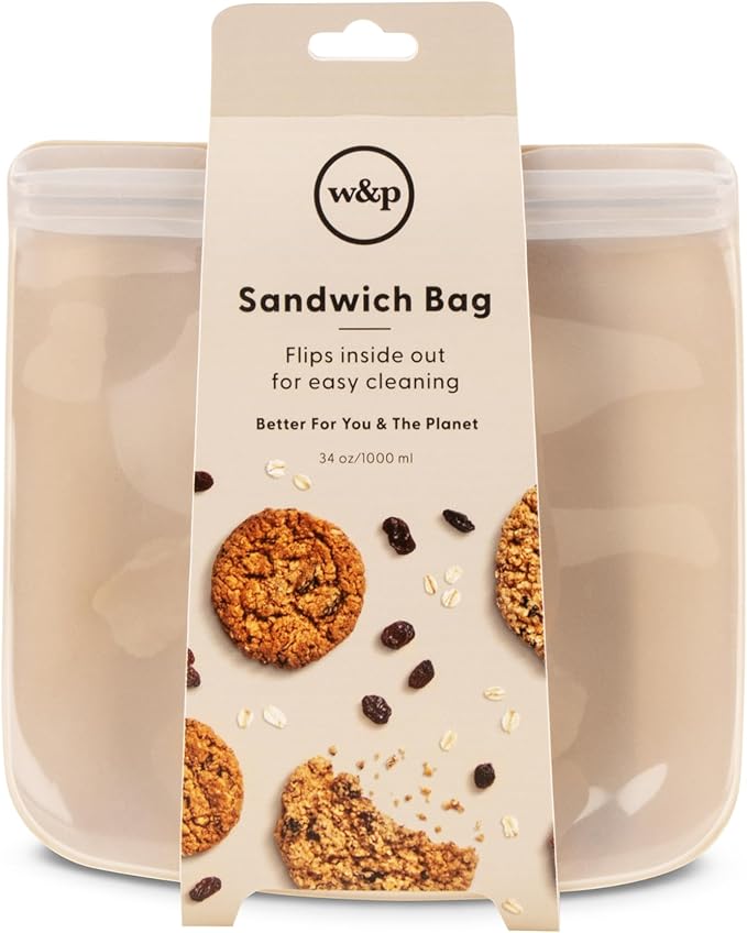 W&P Porter Silicone Reusable Storage Bag, Sandwich (34oz Flat), Oat, Food Storage Container, Microwave and Dishwasher Safe, Easy Cleaning