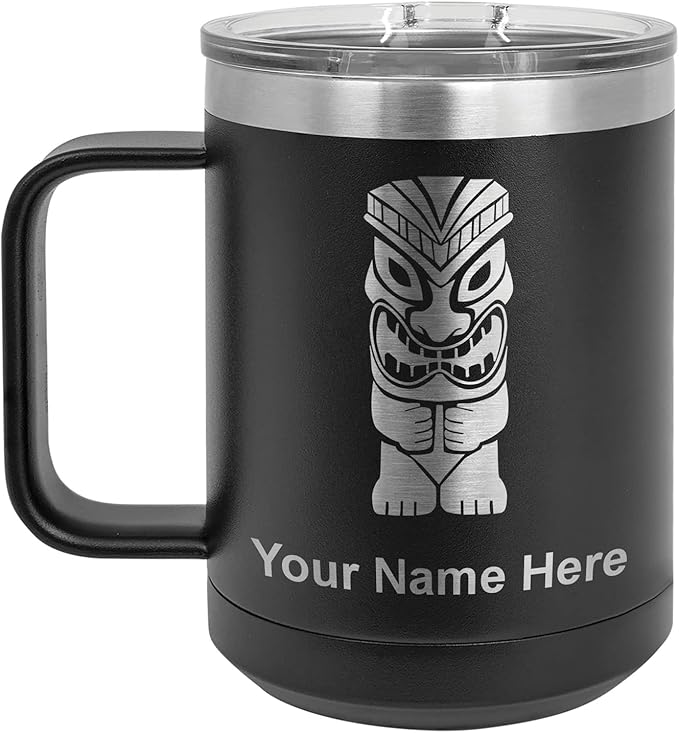 LaserGram 15oz Vacuum Insulated Coffee Mug, Tiki Statue, Personalized Engraving Included (Black)