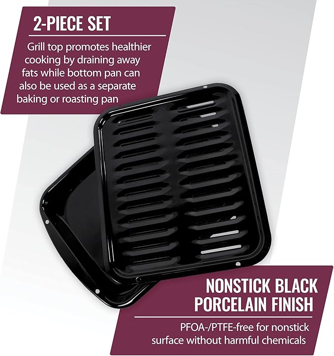 Certified Appliance Accessories SPL50016 Large 2-Piece Broiler Pan & Grill Set Porcelain-on-Steel 16-1/2"x12-3/4"x1-3/4" Broiler Pan for Oven, Black