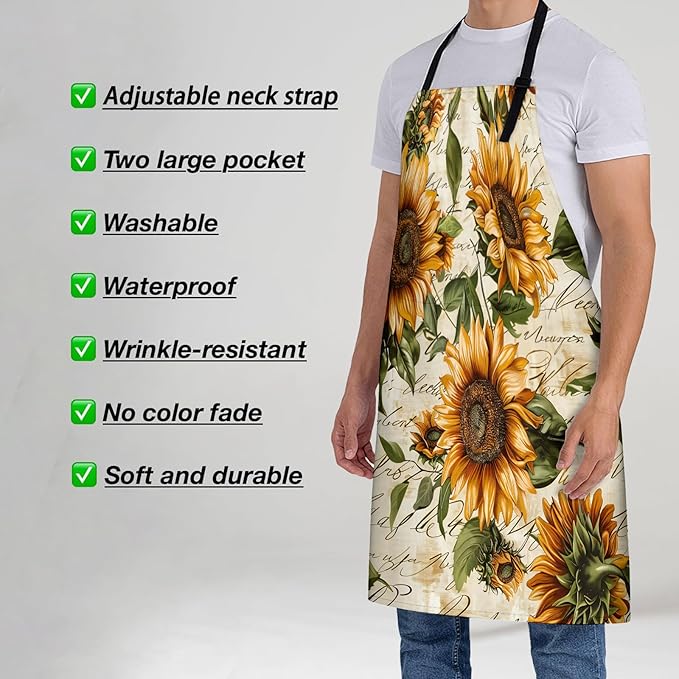 Vintage Sunflower Apron for Women, 28x33in, Kitchen Chef Aprons with 2 Pockets, Polyester, Sunflowers Apron for Cooking BBQ Baking Gardening Chef, Gifts for Mom Wife Dad