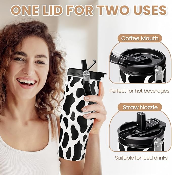 SANDJEST Cow Print Tumbler with Handle, 30oz Flip Straw Stainless Steel Tumblers Coffee Travel Cup, Cowgirl Tumbler Gifts for Women Girls for Birthday Christmas Mothers Day
