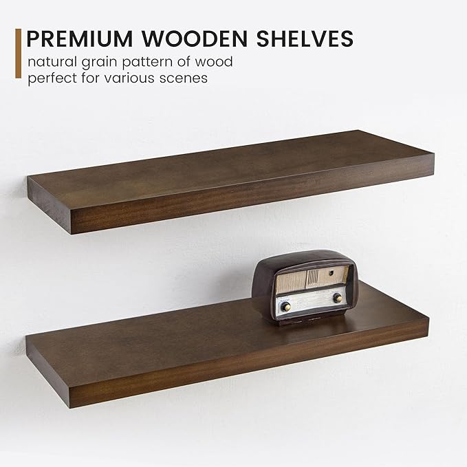 Fun Memories Farmhouse Floating Shelves - 8 Inch Deep Rustic Wood Wall Shelf - Premium Solid Pine Wood Storage Shelf for Kitchen Living Room Bedroom - 24" W x 8" D - Set of 2 - American Walnut Color