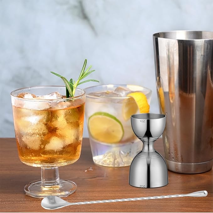 Bell Cocktail Jigger with Measuring Marks (1oz, 2oz) and Mixing Spoon - Bartender Set