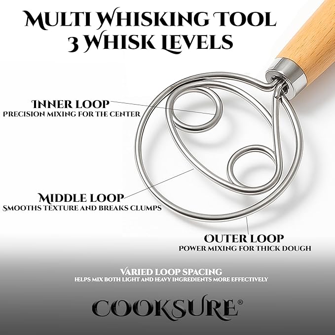 13 Inch Danish Dough Whisk with Bread Lame – 304 Stainless Steel Dough Whisk with Smooth Wooden Handle for Easy Sourdough & Bread Mixing