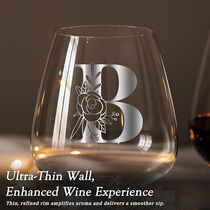 Initial Crystal Wine Glasses for Women Mom Day Best Mama Mommy Bonus New Ever from Mother Gifts Sister Daughter Son Christmas Xmas Birthday Groom Bride Personalized Custom Letter Monogrammed Present,B