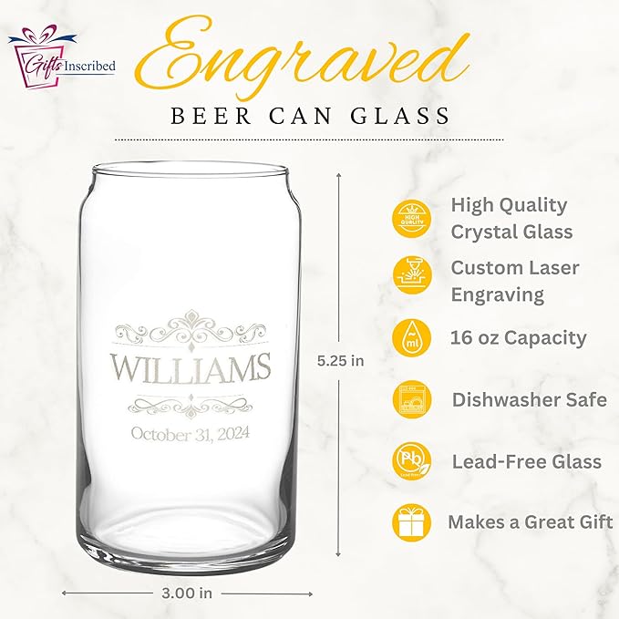 Gifts Inscribed Personalized Beer Can Glass 16 oz – Custom Engraved Pint Glass – Unique Gift for Men, Dad, Groomsmen, Weddings, Birthdays, Father’s Day