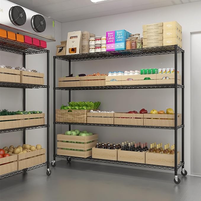 Karl home 4-Tier Adjustable Metal Storage Shelves, Wire Shelving Unit with Wheels & Leveling Feet, Heavy Duty Garage Shelving, Pantry & Kitchen Display Shelf Organizer, Home Storage Rack