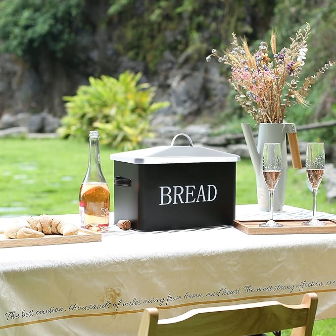 SOTECH Metal Bread Box For Kitchen Countertop,black bread box for kitchen countertop for Homemade Bread Farmhouse Style Bread Bin-Kitchen Food Bread Storage Container