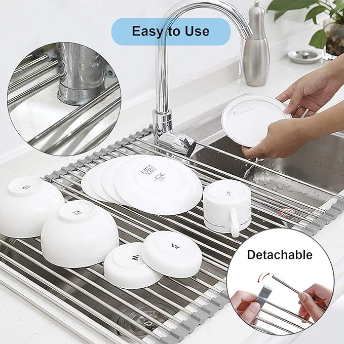 Searik Over The Sink Dish Drying Rack, Roll up Sink Dish Drainer Rack Foldable Kitchen Stainless Steel Dish Rack Sink Drying Rack (17.7"x 11.8")