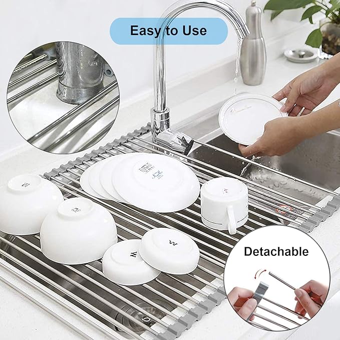 Searik Roll up Dish Drying Rack, Over The Sink Rolling Dish Drainer Rack Multipurpose Foldable Kitchen Stainless Steel Dish Rack Sink Drying Rack for Kitchen Sink Counter (17"x 15.7")