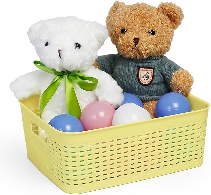 Plastic Storage Baskets for Cabinets, Household Pantry Organization with Handle,Organizer Bins for Room,Bathrooms,Under-Sink,Kitchen (Yellow, M-3PACK)