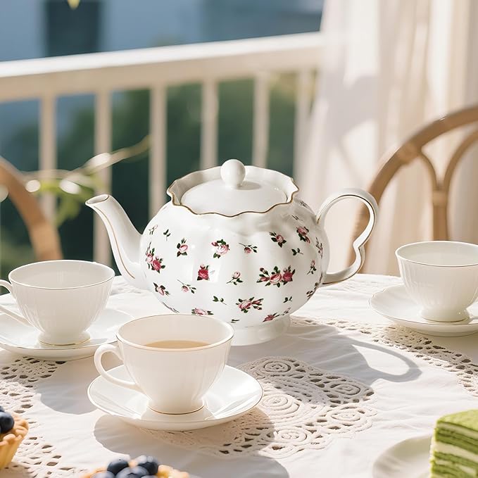 Floral Teapot with Infuser, 33oz, Ceramic Tea Pot with Tea Strainers for Loose Leaf Tea, Rose Teapots for Tea Party, New Bone Porcelain Teapot