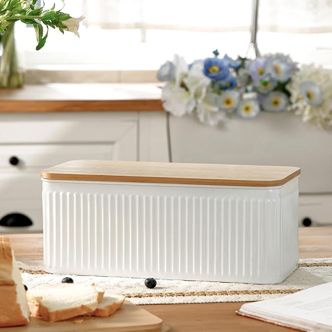 Large Bread Box for Kitchen Countertop Corner Breadbox for Homemade Bread Metal White Vertical Stripe Pattern Embossed Bread Storage Container Bin with Bamboo Lid