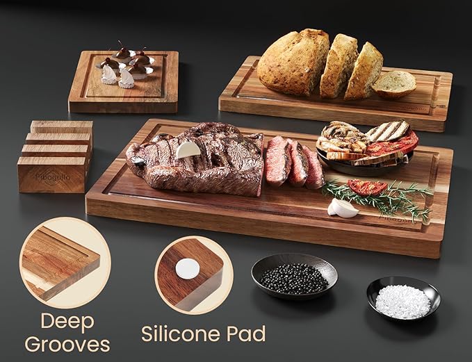 Acacia Wood Cutting Boards for Kitchen(Set of 3),Wooden Chopping Boards Set with Juice Groove,Serving Board with Holder,Butcher Block for Meat,Vegetables,Fruit