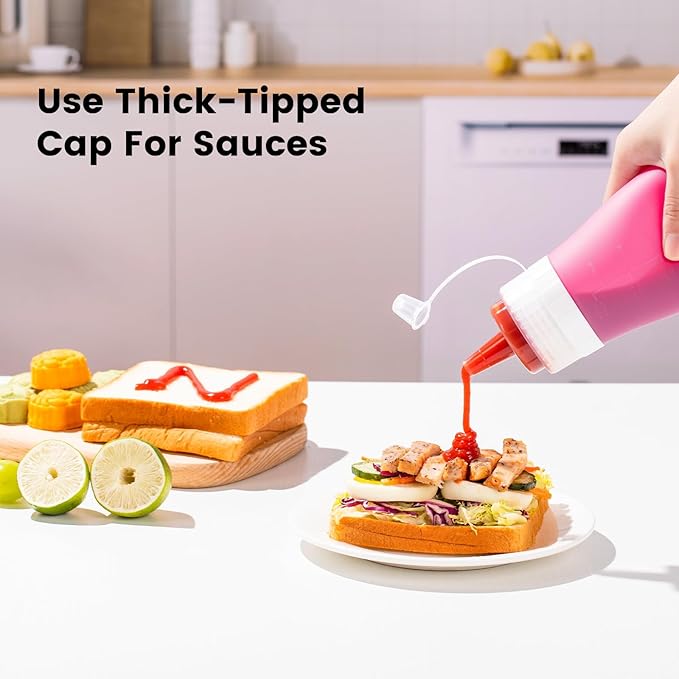 Condiment Squeeze Bottles, 16 oz Silicone Squeeze Bottles For Sauces, Leak Proof Condiment Containers with Extra Interchangeable lid, Easy Squeeze for Oil, Honey & Dressings, BPA FREE (4 Pack)