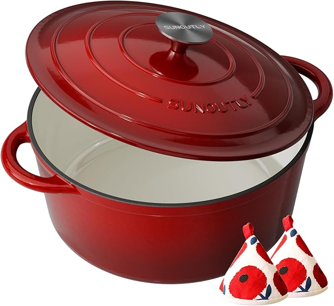 Enameled Cast Iron Dutch Oven - 7.5QT Pot with Lid & Cotton Potholders - Heavy-Duty Cookware for Braising, Stews, Roasting, Bread Baking, Oven Safe up to 500°F & Suitable for All Cooktops, Cherry Red