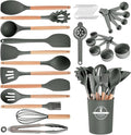 Kitchen Utensils Set - 34 PCS Non-Stick Silicone Cooking Utensils Set with Wooden Handle,Kitchen Gadgets Tools Set for Nonstick Cookware (Gray-34P)