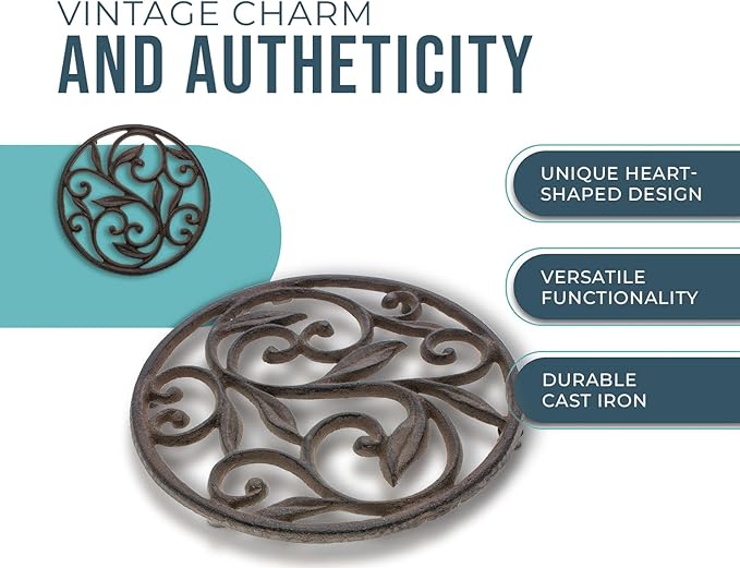 Comfify Cast Iron Trivet – Round Vintage Pattern for Kitchen or Dining Table – 7.7" Diameter – Rust Brown