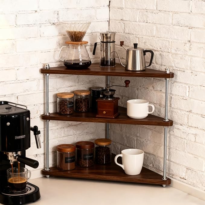 Adjustable 3 - Tier Corner Display Shelf for Kitchen, Pantry & Makeup Organization - Ideal for Spice, Coffee Cup, Cosmetic Display & Decorative Ornaments, 10.87"x14.96"x13.78"