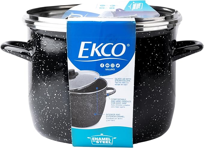 EKCO EOS 8-Quart Speckled Stockpot with Glass Lid (Black) Soup Pot for All Ranges, Dishwasher & Oven Safe up to 350°F - Non-Reactive Enameled Interior Pot for Gumbo, Stew, Boil, Pasta, Chili