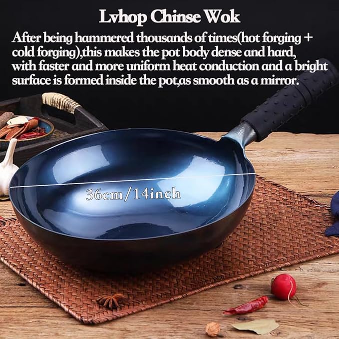 iron wok with lid,14 inch woks & stir-fry pans nonstick,chinese traditional pans for open fire,large cookwares,cooking,bbq,grill,camping,blue pre-seasoned round bottom wok (36cm)