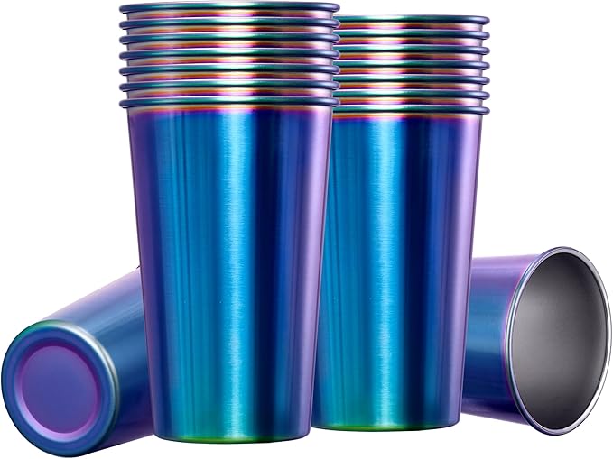 MEWAY 16 Pack 16oz Stainless Steel Pint Cup,Healthy Unbreakable and Stackable,Metal Drinking Glasses，Beer Glasses（Rainbow）