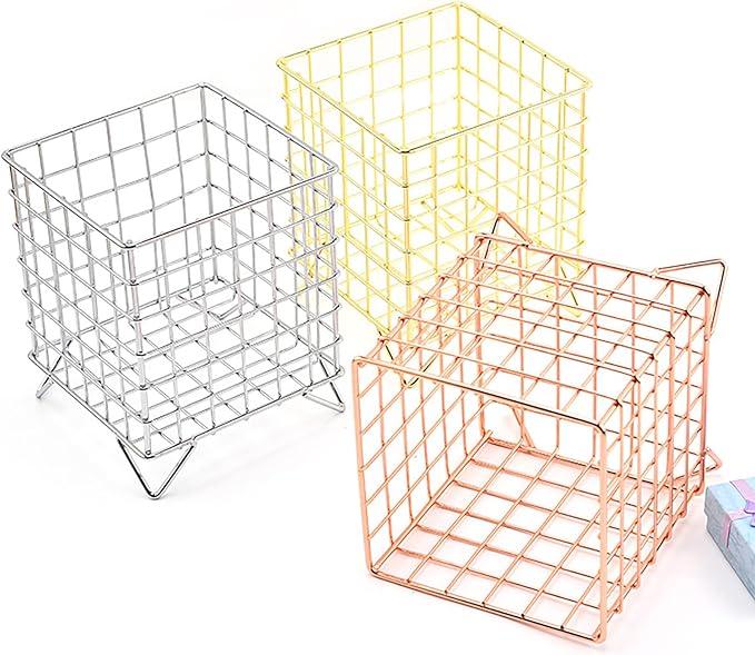 Set of 3 Square Metal Wire Coffee Pod Holder Baskets (Gold)