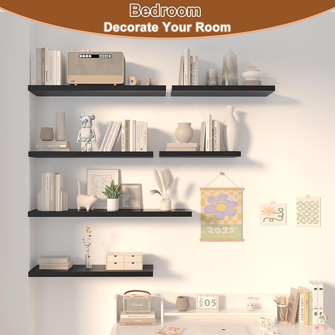 12 Inch Deep Floating Shelves for Wall 2 Pack Floating Shelfs Large Storage Space Wall Decor Display Shelf for Bathroom Living Room Bedroom Kitchen 23.8" W x 12" D x 1.2" H Black