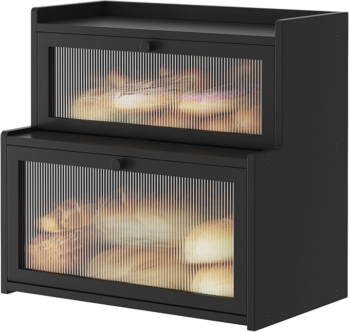 Double Layer Bamboo Bread Box for Kitchen Counter,Bread Holder,Countertop Bread Storage with Window (Black)