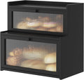 Double Layer Bamboo Bread Box for Kitchen Counter,Bread Holder,Countertop Bread Storage with Window (Black)