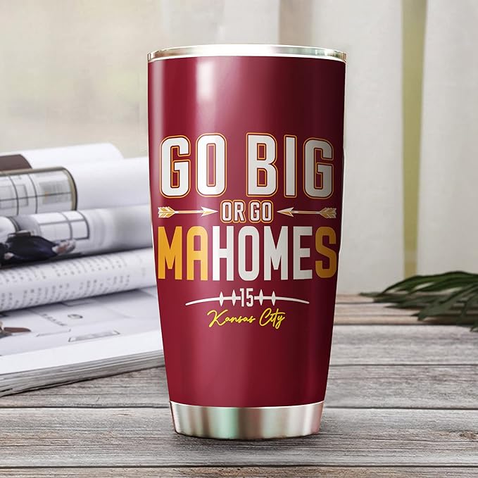 Patrick Mahomes II Tumbler - Go Big Or Go Mahomes - Coffee Tea Mug Insulated Tumbler With Lid - Birthday, Christmas, Thanksgiving Day Gifts For Football Fans - 20 Oz| Stainless Steel Mug