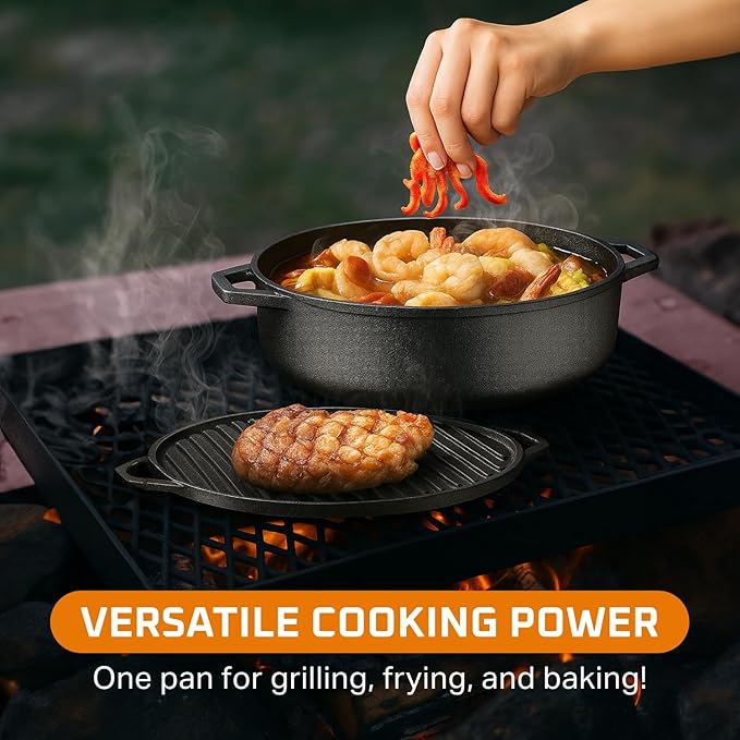 Bruntmor 6.8 Quart Cast Iron Skillet with Reversible Grill Griddle Lid - 3-in-1 Round Cast Iron Pan for Frying, Grilling, Dutch Oven Cooking - Roasting Pan with Lid, Camping Cookware, Black