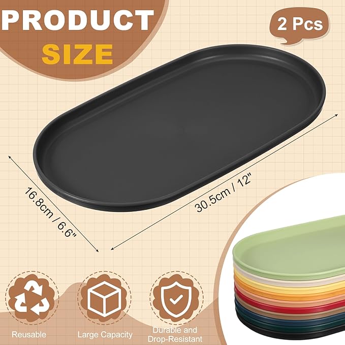 uxcell 2Pcs Fast Food Serving Trays, 12x6.6 Oval Reusable Restaurant Serving Trays for Kitchen Restaurant Coffee Fruit Burger Lunch Dessert, Black