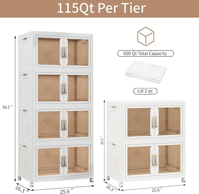 Large Stackable Storage Bins with 2 Lids, 690QT-115QT*6Pack Foldable Cabinet for Closet Organizers, Plastic Storage Containers Box with Wheels