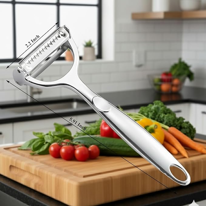 Stainless Steel Peeler and Shredder. With durable, rust-resistant steel blades and a comfortable handle, this multi-purpose tool helps you peel carrots, potatoes, and fruits faster (1 pcs).