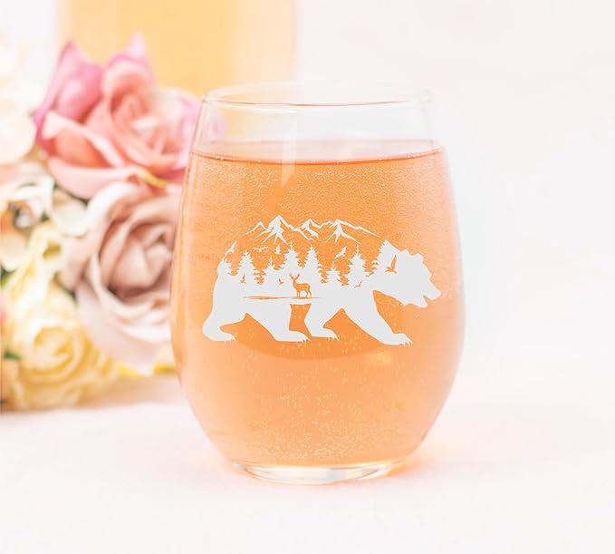 C M Bear Stemless Wine Glass - 17 oz - 1 Piece - Bear Mountain Themed Gift for Men and Women (Style B2)