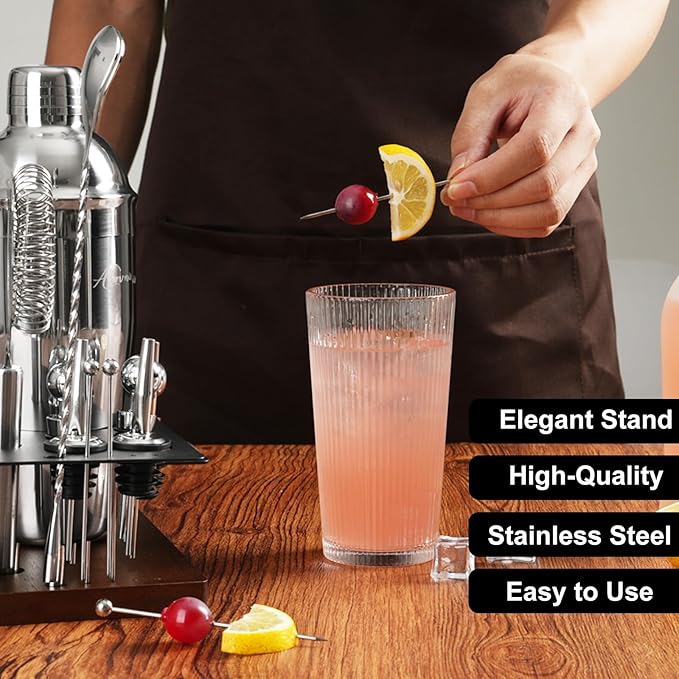 23-Piece Bartender Kit, Cocktail Shaker Set with Stand | Bar Drink Mixer Set with All Essential Bar Tools: Martini Shaker, Jigger, Strainer, Muddler, Pourers, for Home, Bar, Party (Black)