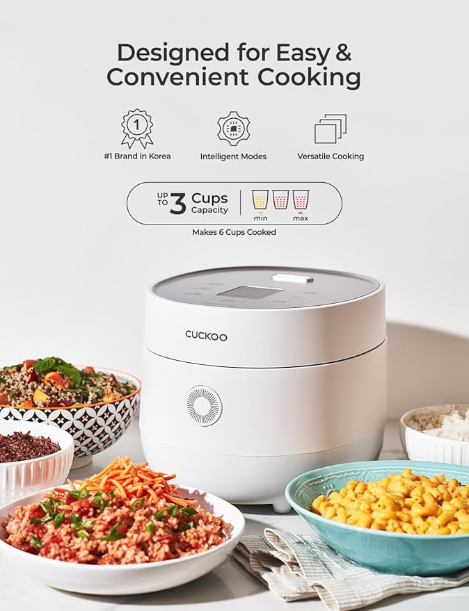 CUCKOO Micom Rice Cooker 3-Cup Uncooked / 6-Cup Cooked with Nonstick Inner Pot, Small Rice Maker with 8 Menu Options, Fuzzy Logic Technology, Auto Clean, Quick Rice Mode, White (CR-0375FW)