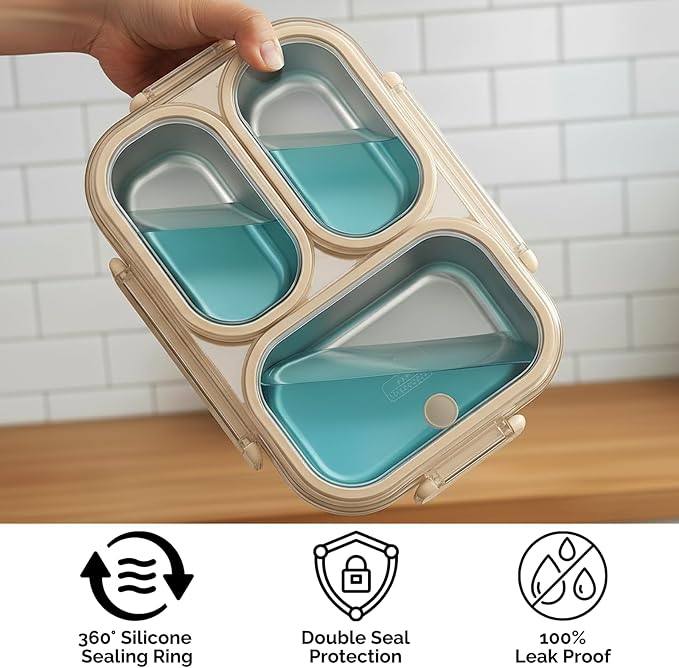 304 Stainless Steel Bento Lunch Box for Adults & Kids, 25 Oz Leakproof Metal Food Container with 3 Compartments, BPA-Free, Reusable&Dishwasher Safe, Fix for School,Office,Picnic,Travel(Khaki)